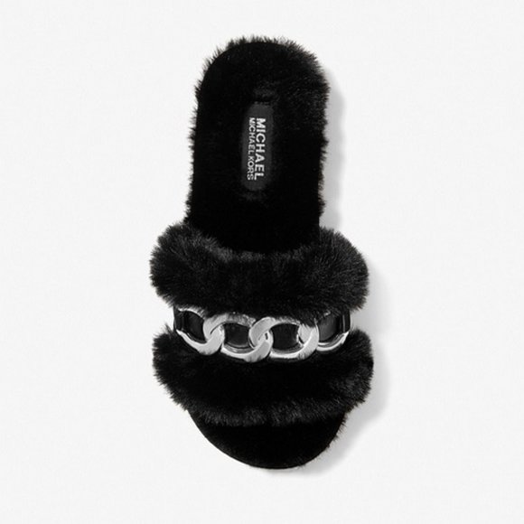NWOB MICHAEL KORS Scarlett Chain Link Faux Fur Slide Sandal Black Fuzzy Furry - Picture 2 of 10